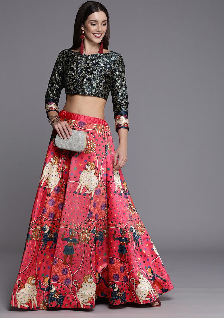 Pink Digital Print Satin Silk Lehenga Set