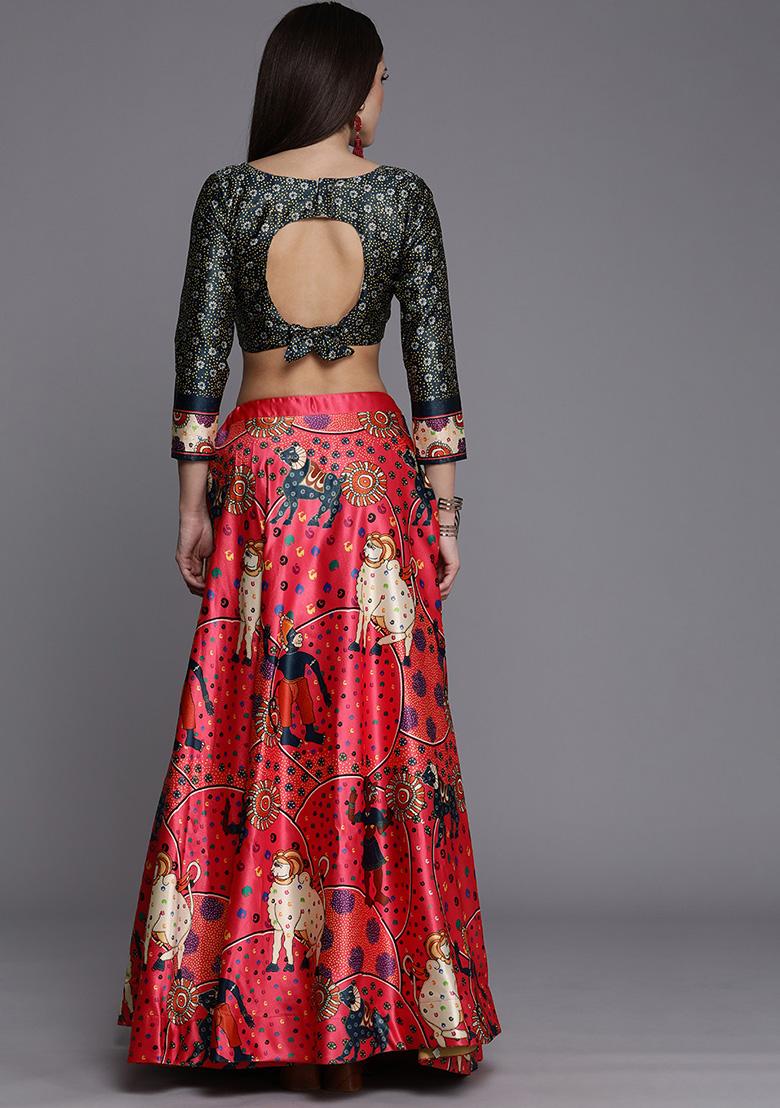 Pink Digital Print Satin Silk Lehenga Set