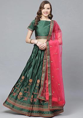 Green And Pink Mirror Embroidered Satin Lehenga Set