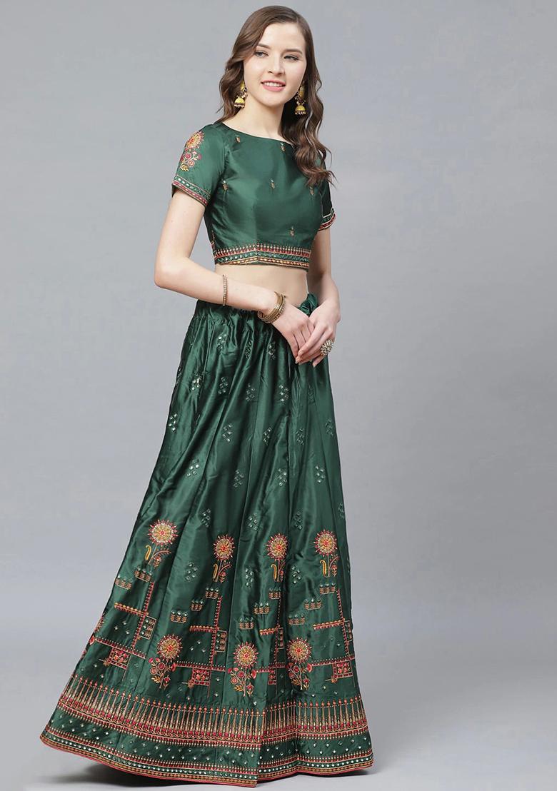 Green And Pink Mirror Embroidered Satin Lehenga Set