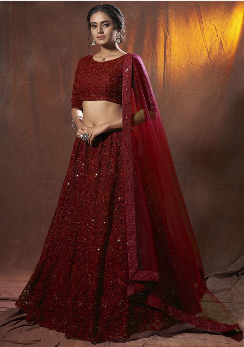 Maroon Sequin Embroidered Georgette Lehenga Set
