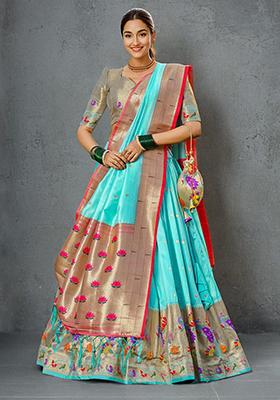 Sky Blue Zari Work Jacquard Silk Lehenga Choli Set