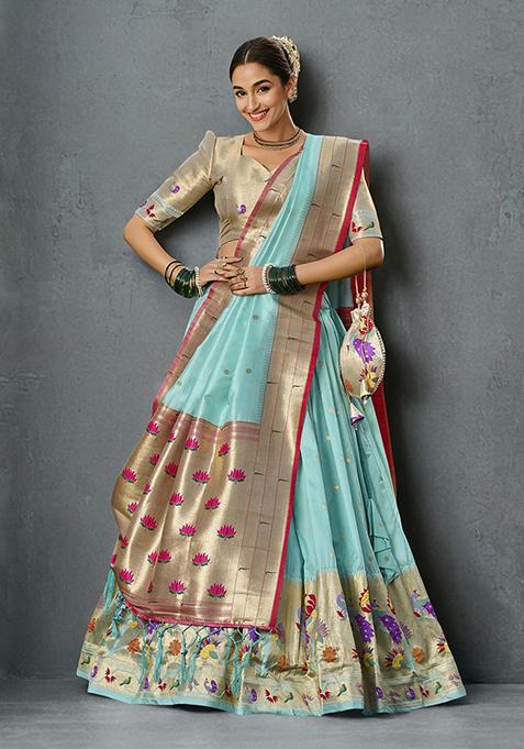 Sky Blue Zari Work Jacquard Silk Lehenga Choli Set