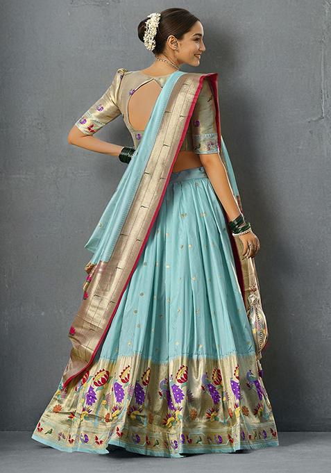 Sky Blue Zari Work Jacquard Silk Lehenga Choli Set