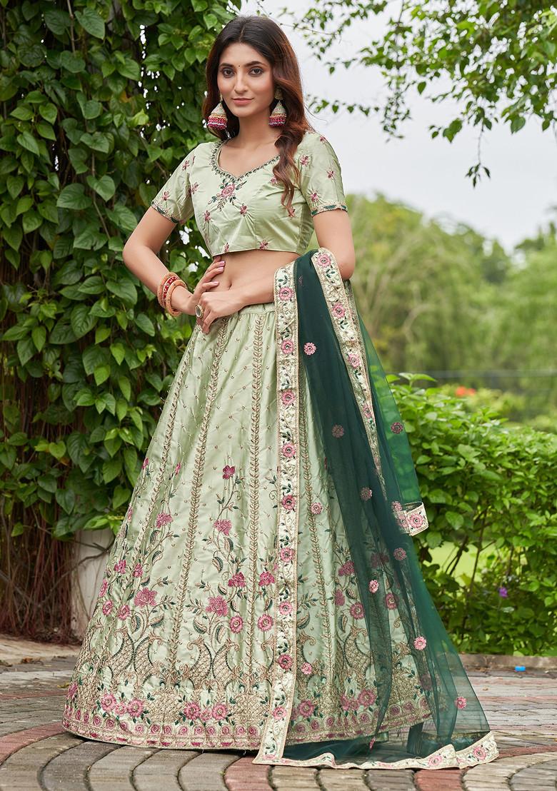 Pista Embroidered Satin Silk Lehenga Set