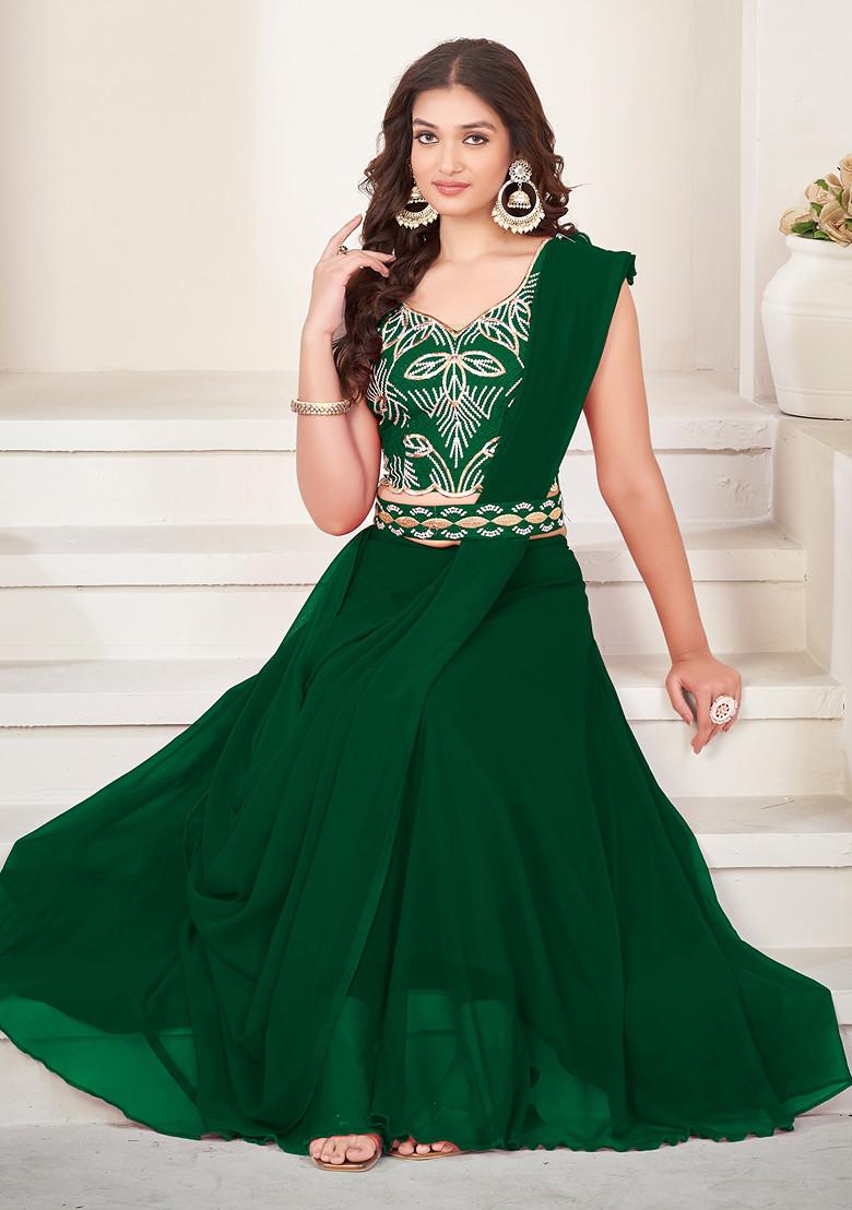 Green Embroidered Georgette Lehenga Set
