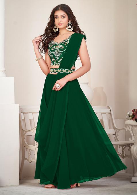 Green Embroidered Georgette Lehenga Set