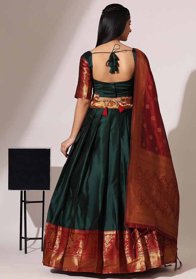 Bottle Green Woven Design Zari Embroidered Litchi Silk Lehenga Set