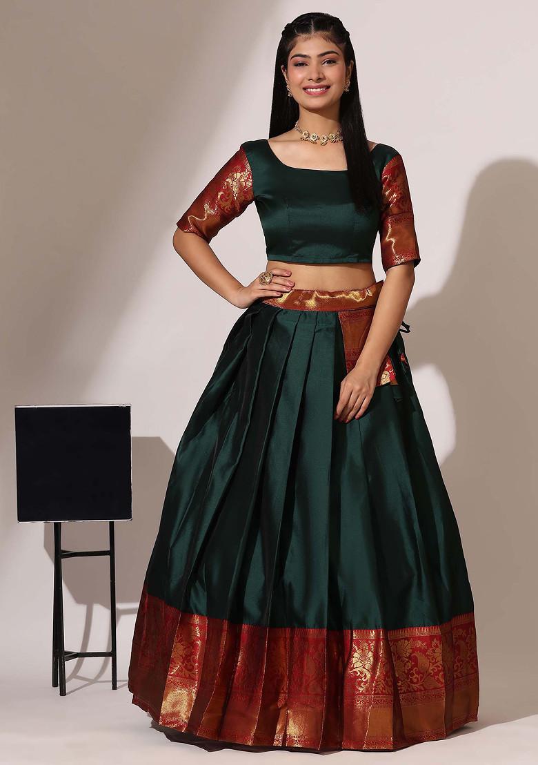 Bottle Green Woven Design Zari Embroidered Litchi Silk Lehenga Set