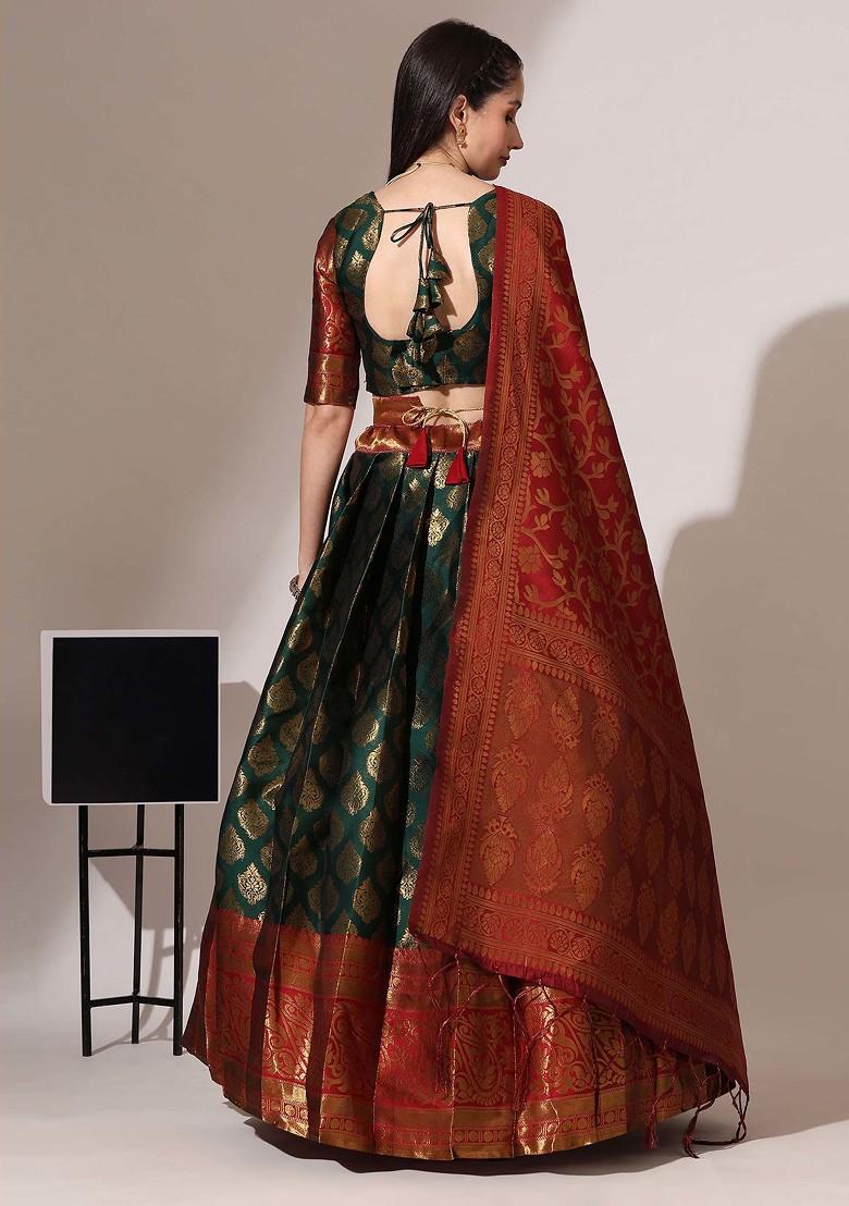 Bottle Green Woven Design Zari Embroidered Silk Lehenga Set