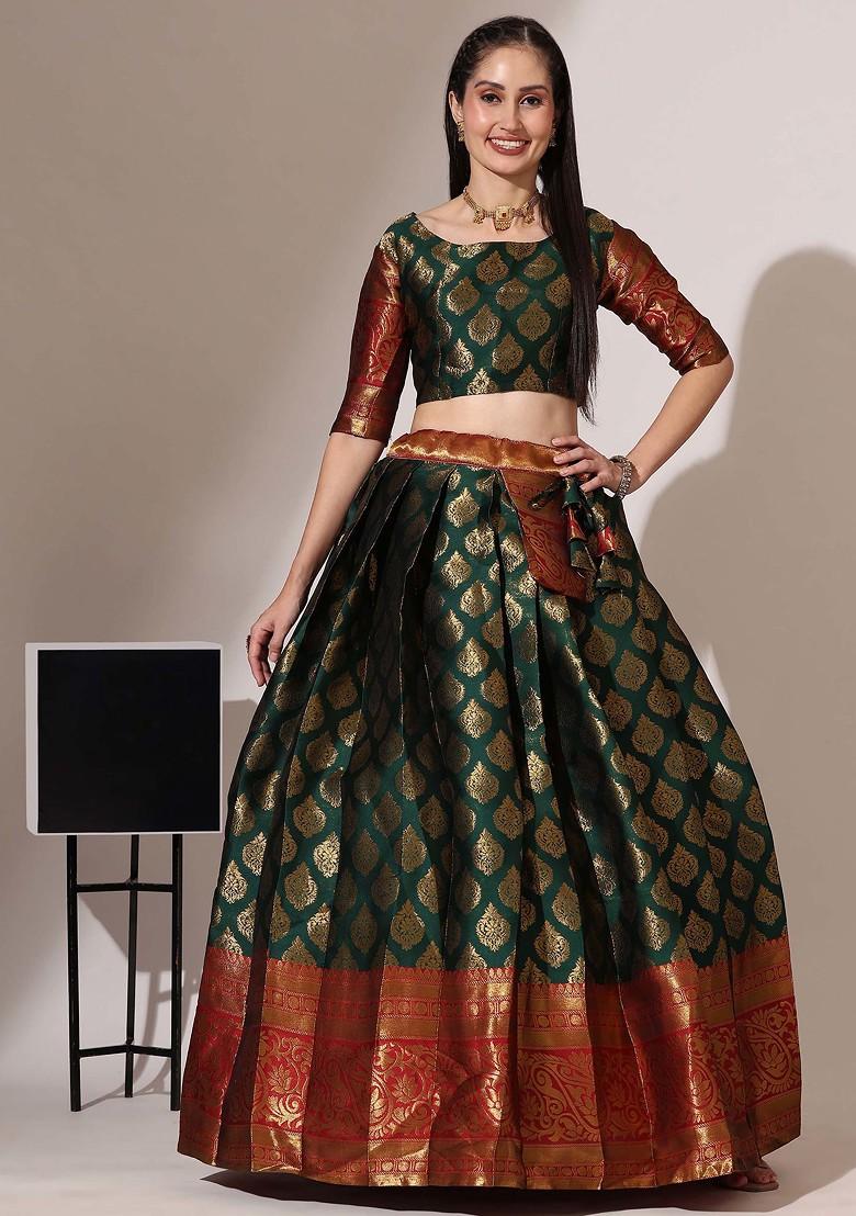 Bottle Green Woven Design Zari Embroidered Silk Lehenga Set