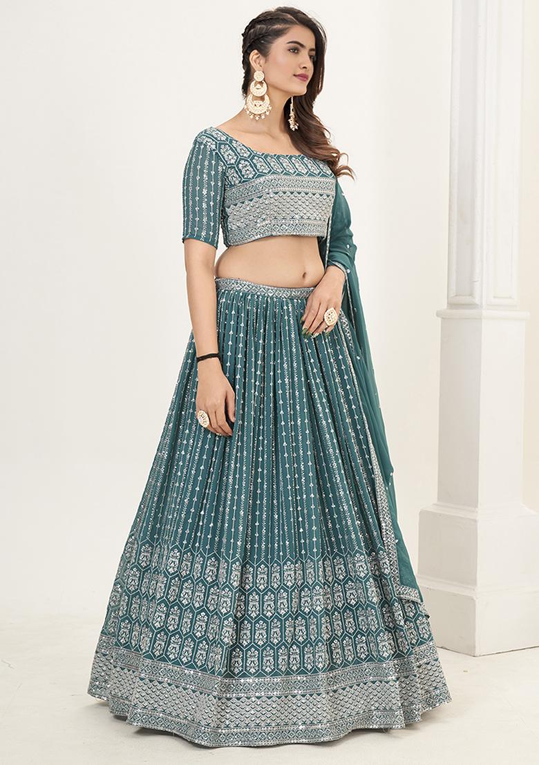 Teal Blue Sequin Embellished Poly Georgette Lehenga Set