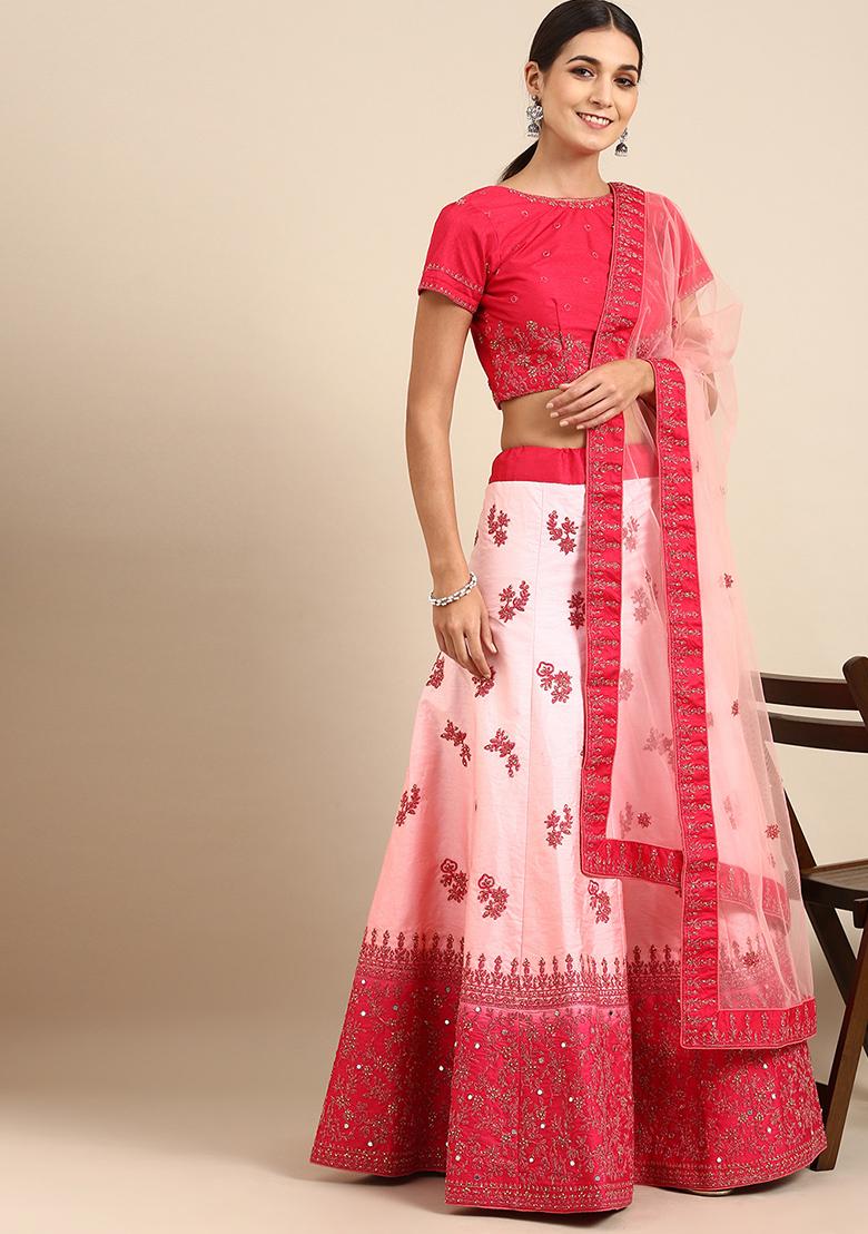 Pink Thread Mirror Embroidered Silk Blend Lehenga Set
