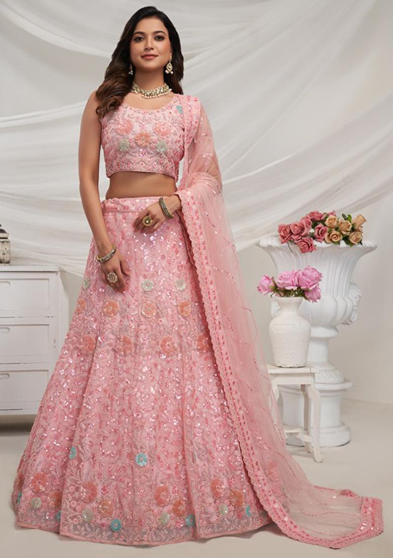 Pink Thread Sequin Floral Embroidered Soft Net Lehenga Set