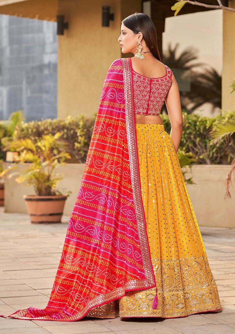 Yellow And Pink Real Mirror Work Art Silk Lehenga Set