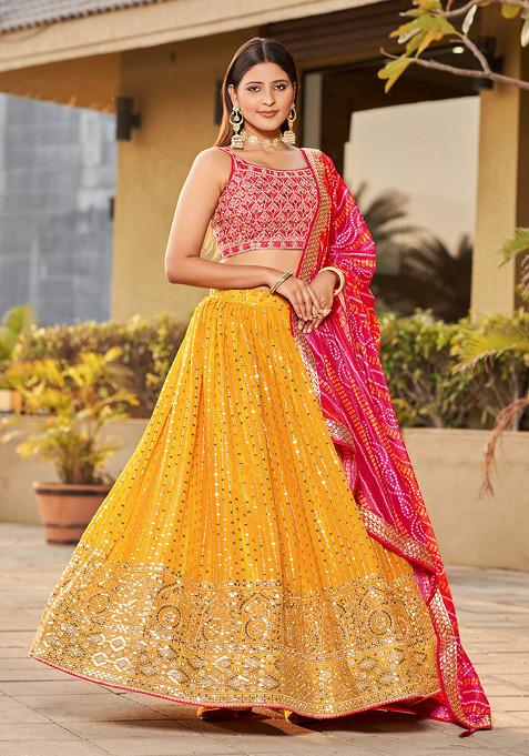 Yellow And Pink Real Mirror Work Art Silk Lehenga Set