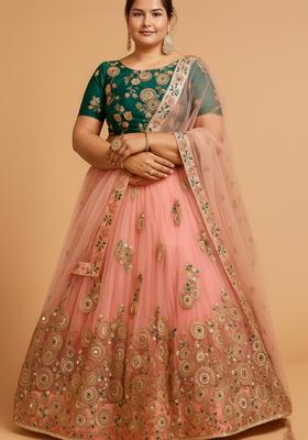 Peach and Cream Embroidered Velvet Lehenga set