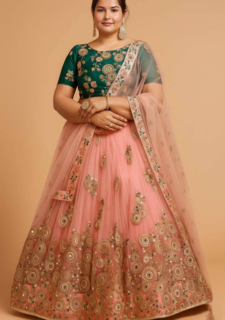 Peach and Cream Embroidered Velvet Lehenga set - Indya