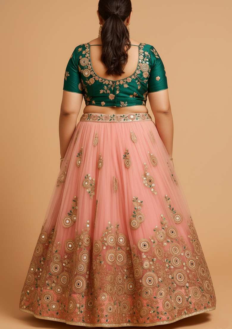 Peach and Cream Embroidered Velvet Lehenga set - Indya