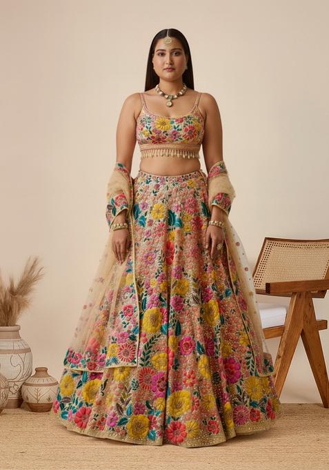Multicolor Embroidered Georgette Lehenga set