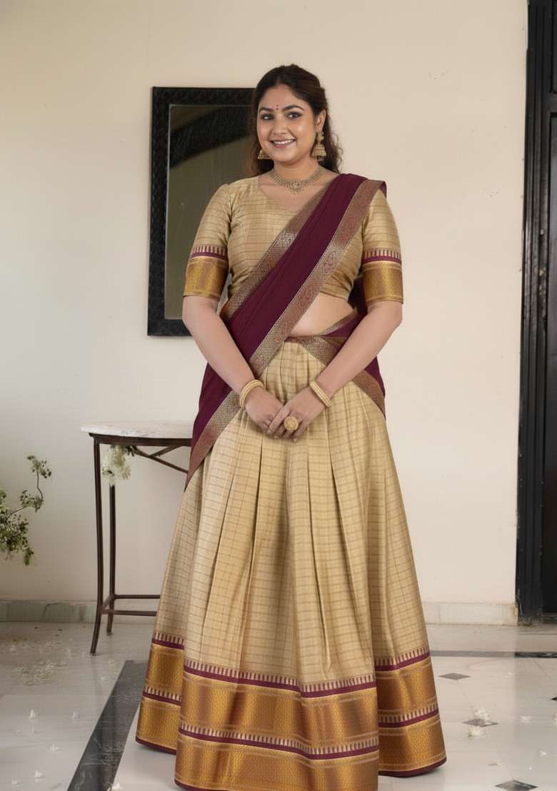 Cream Zari Woven Cotton Silk Lehenga set - Indya