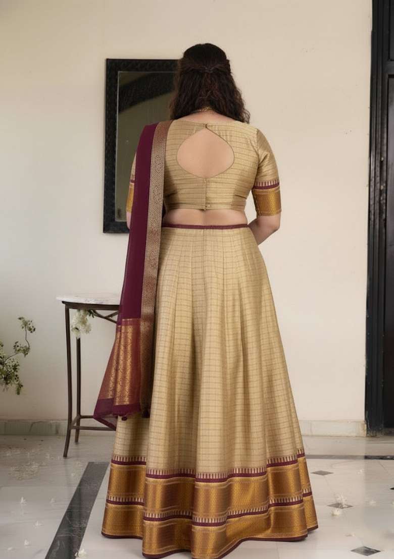 Cream Zari Woven Cotton Silk Lehenga set - Indya