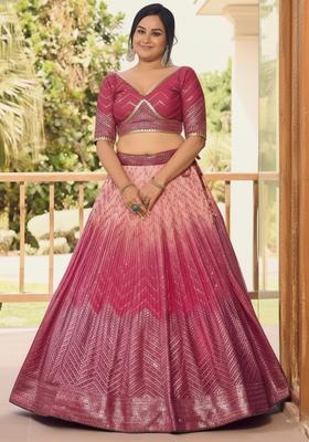 Pink Embroidered Chinon Lehenga set
