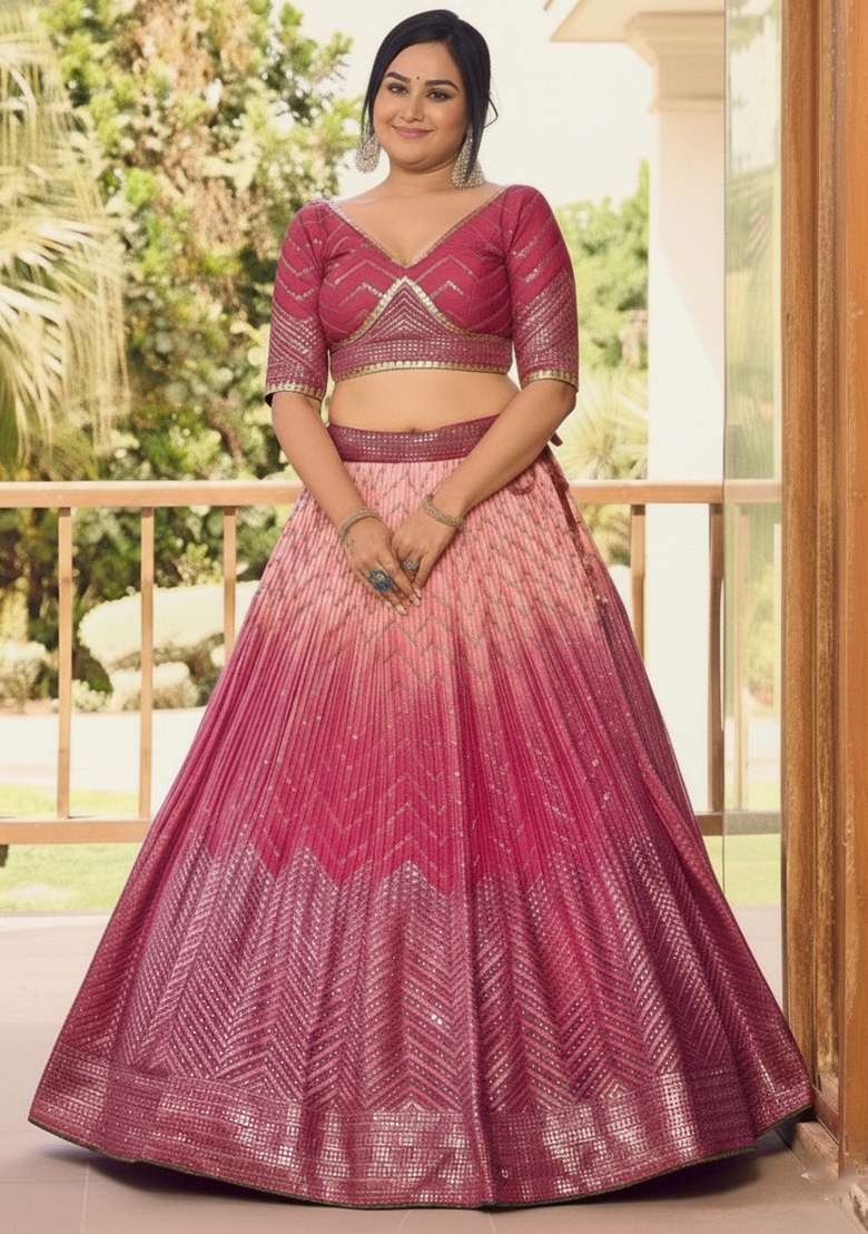 Pink Embroidered Chinon Lehenga set - Indya