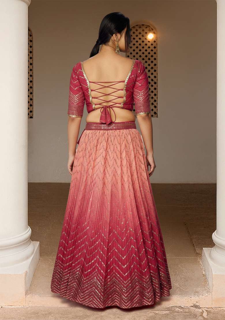 Pink Embroidered Chinon Lehenga set - Indya