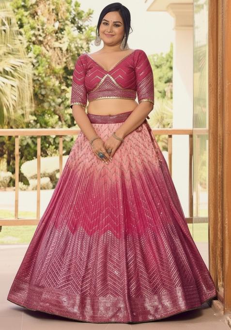 Pink Embroidered Chinon Lehenga set
