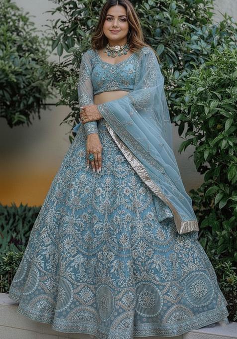 Sky Blue Embroidered Net Lehenga set