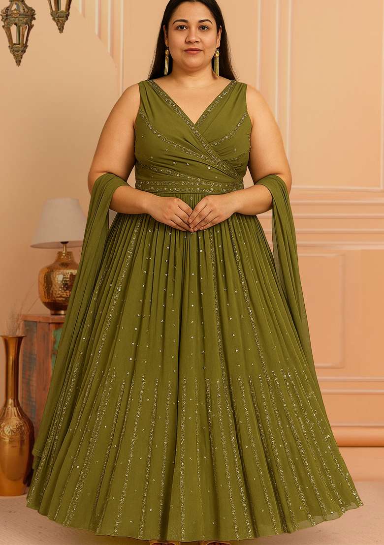 Olive Green Embroidery Georgette Lehenga Set - Indya