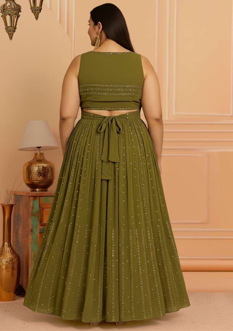 Olive Green Embroidery Georgette Lehenga Set - Indya