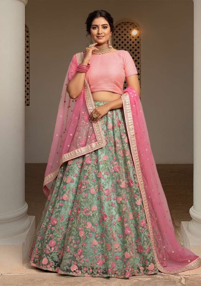 Sea Green Embroidered Net Lehenga set - Indya