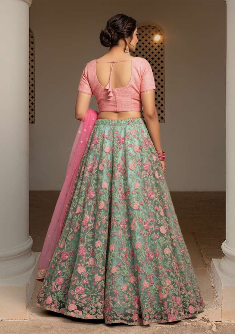 Sea Green Embroidered Net Lehenga set - Indya