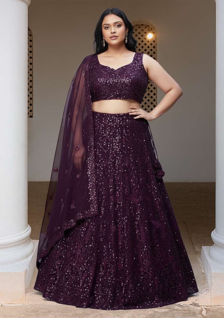 Purple Embroidered Georgette Lehenga set - Indya