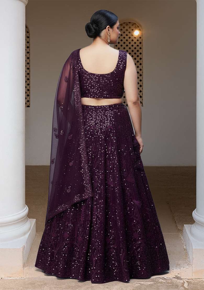 Purple Embroidered Georgette Lehenga set - Indya