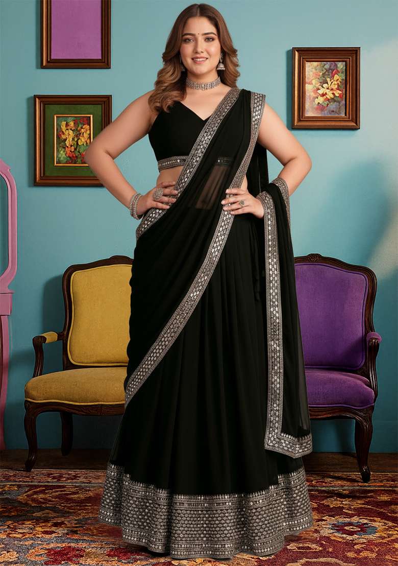 Black Embroidered Georgette Lehenga set - Indya