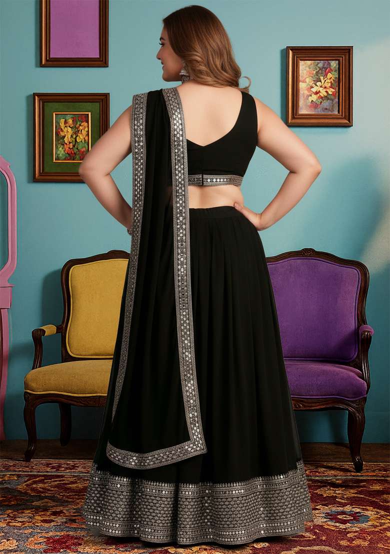 Black Embroidered Georgette Lehenga set - Indya