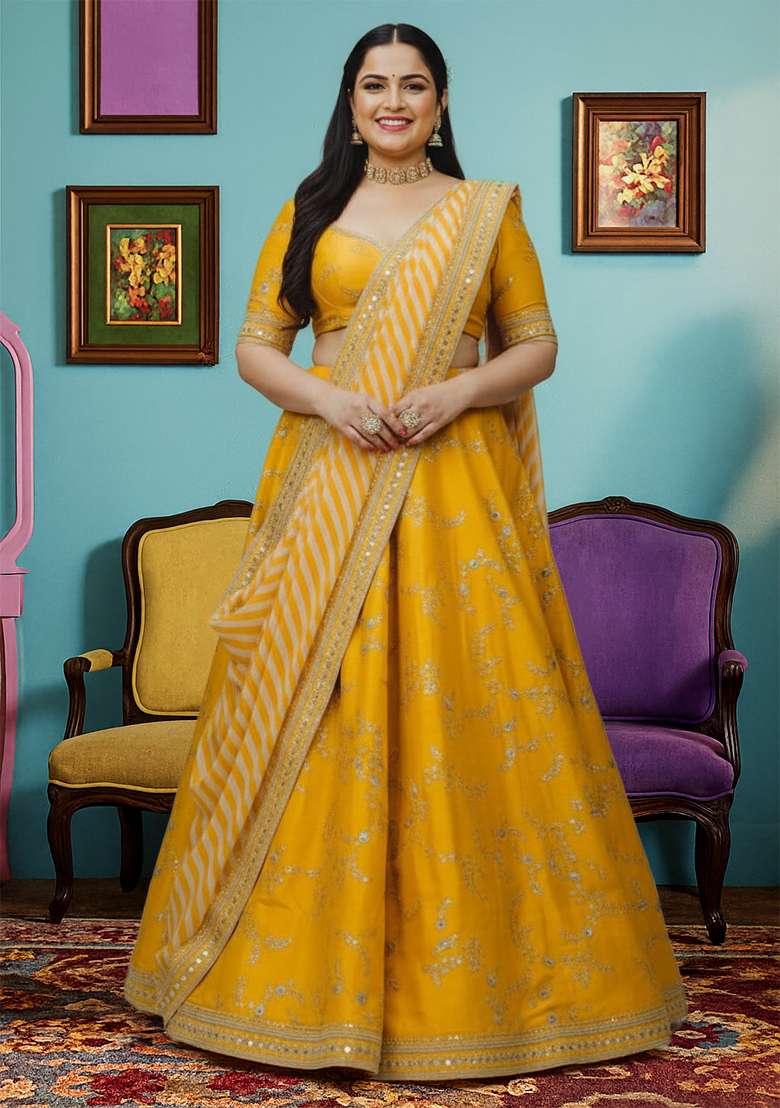 Yellow Embroidered Silk Blend Lehenga set - Indya