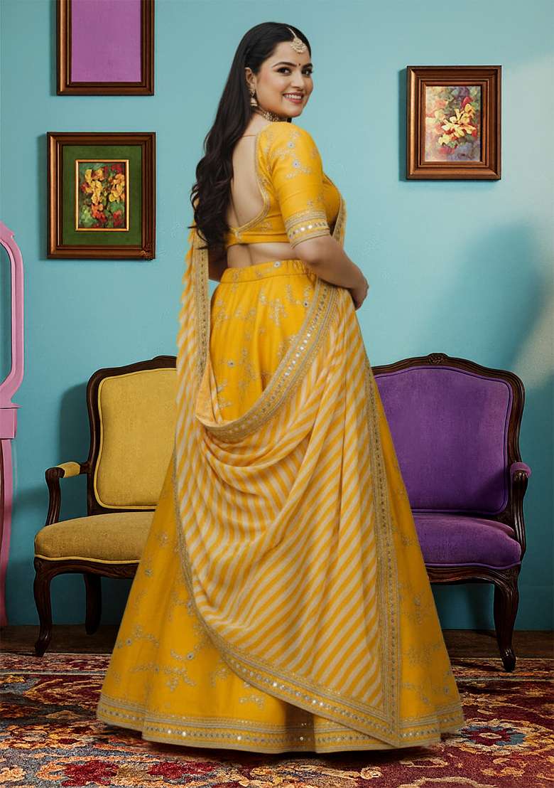 Yellow Embroidered Silk Blend Lehenga set - Indya