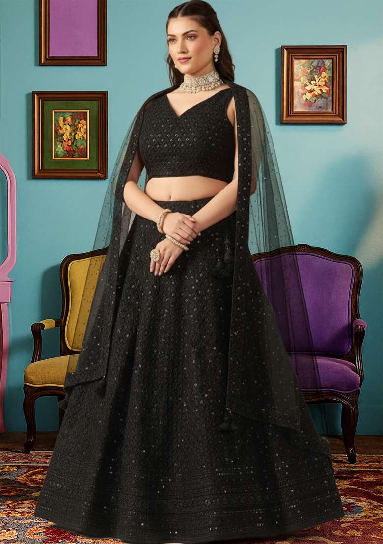 Black Embroidered Georgette Lehenga set - Indya
