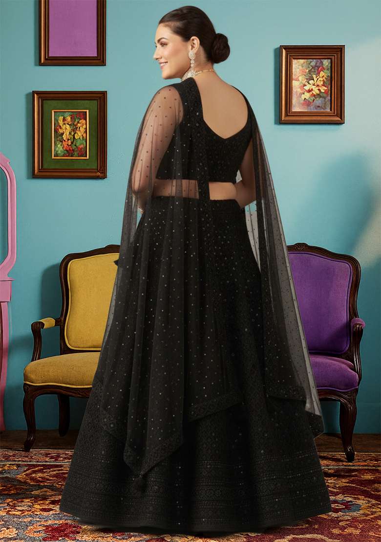 Black Embroidered Georgette Lehenga set - Indya