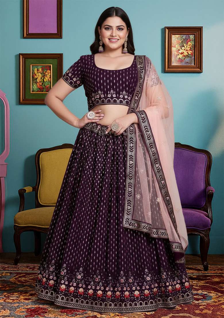 Wine Embroidered Georgette Lehenga set - Indya