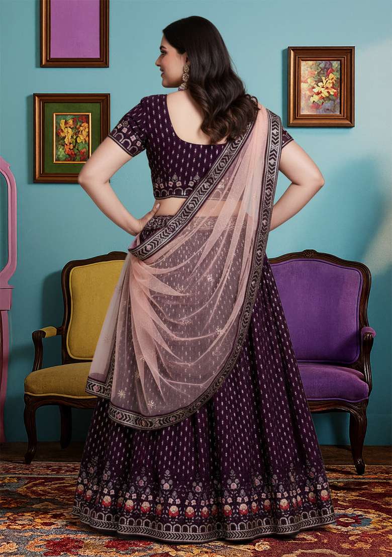 Wine Embroidered Georgette Lehenga set - Indya