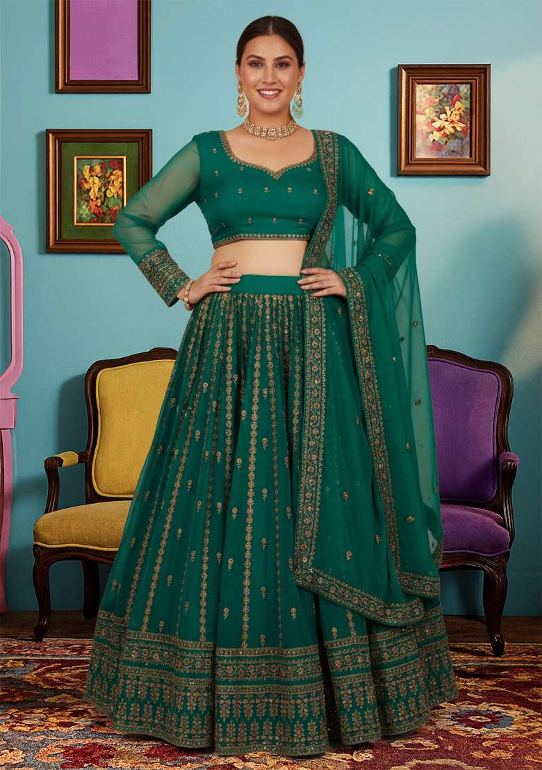 Green Embroidered Organza Lehenga set - Indya