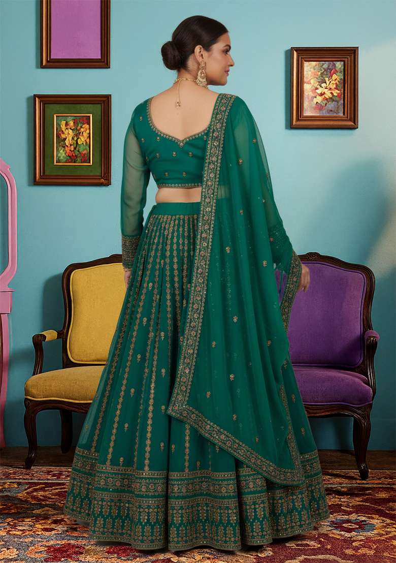 Green Embroidered Organza Lehenga set - Indya