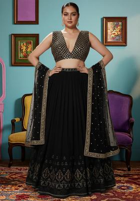 Black Embroidered Georgette Lehenga set