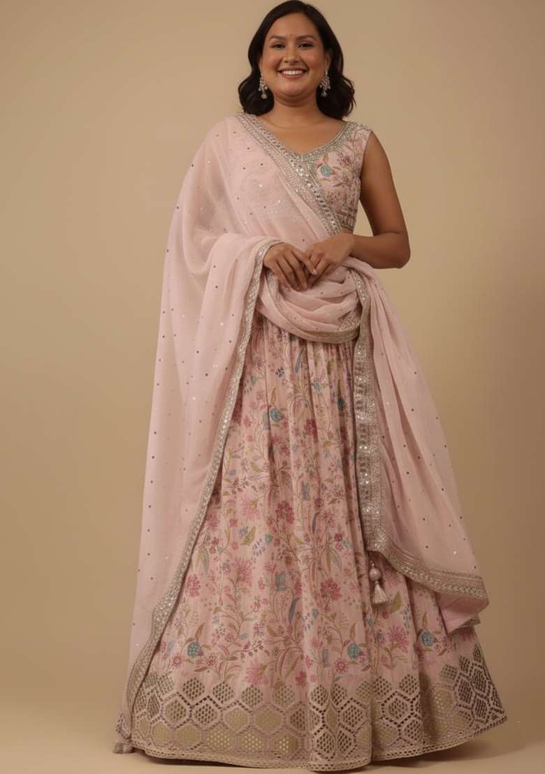 Peach Embroidered Organza Lehenga set - Indya