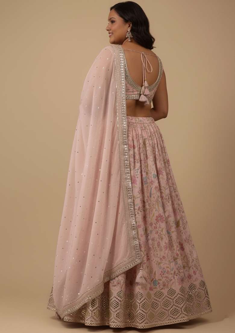 Peach Embroidered Organza Lehenga set - Indya